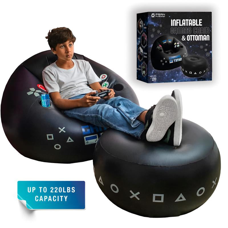 FRANFUSION Inflatable Gaming Chair for Kids & Teens with Cup Holders & Side Pocket up to 220Lbs Capacity Ideal for Gaming Room Decor Bean Bag Couch