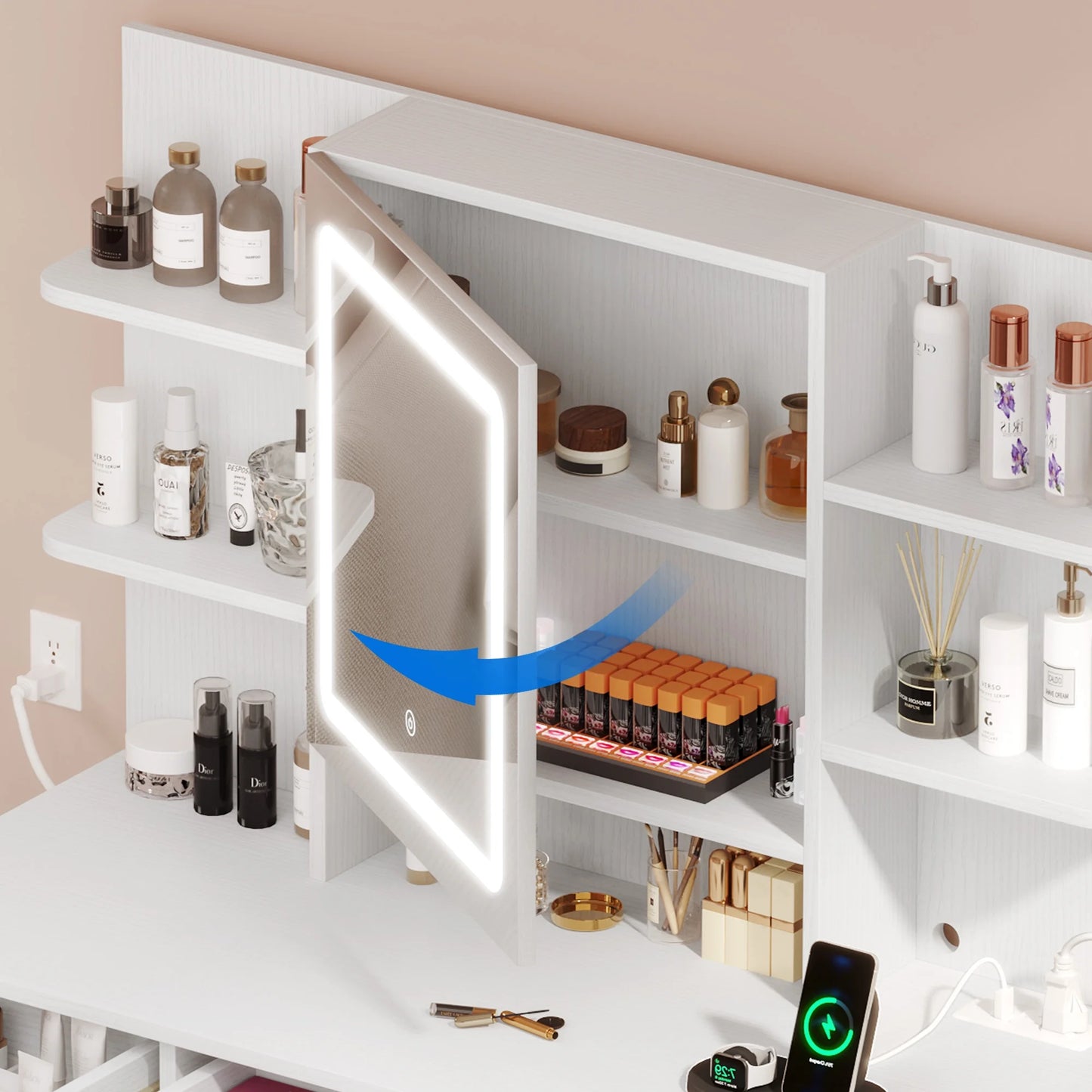 Makeup Vanity Set with LED Lighted Mirror, Makeup Desk with Drawers & Stool, Vanity Table with Hidden Storage Shelves, Makeup Dressing Table Set for Girls,Princess, White