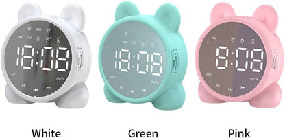 Wireless Charging Digital Alarm Clock, Mirror LED Display Bluetooth Speaker FM Clock Radio with USB Port, Portable Dual Alarm for Home Office Bedroom (Pink)