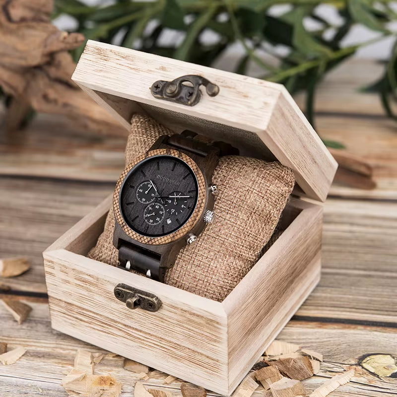 Wood Watches Mens Top Luxury Brand Мужские Часы Stop Watch Quartz Montre Homme Casual Complete Calendar in Gift Box