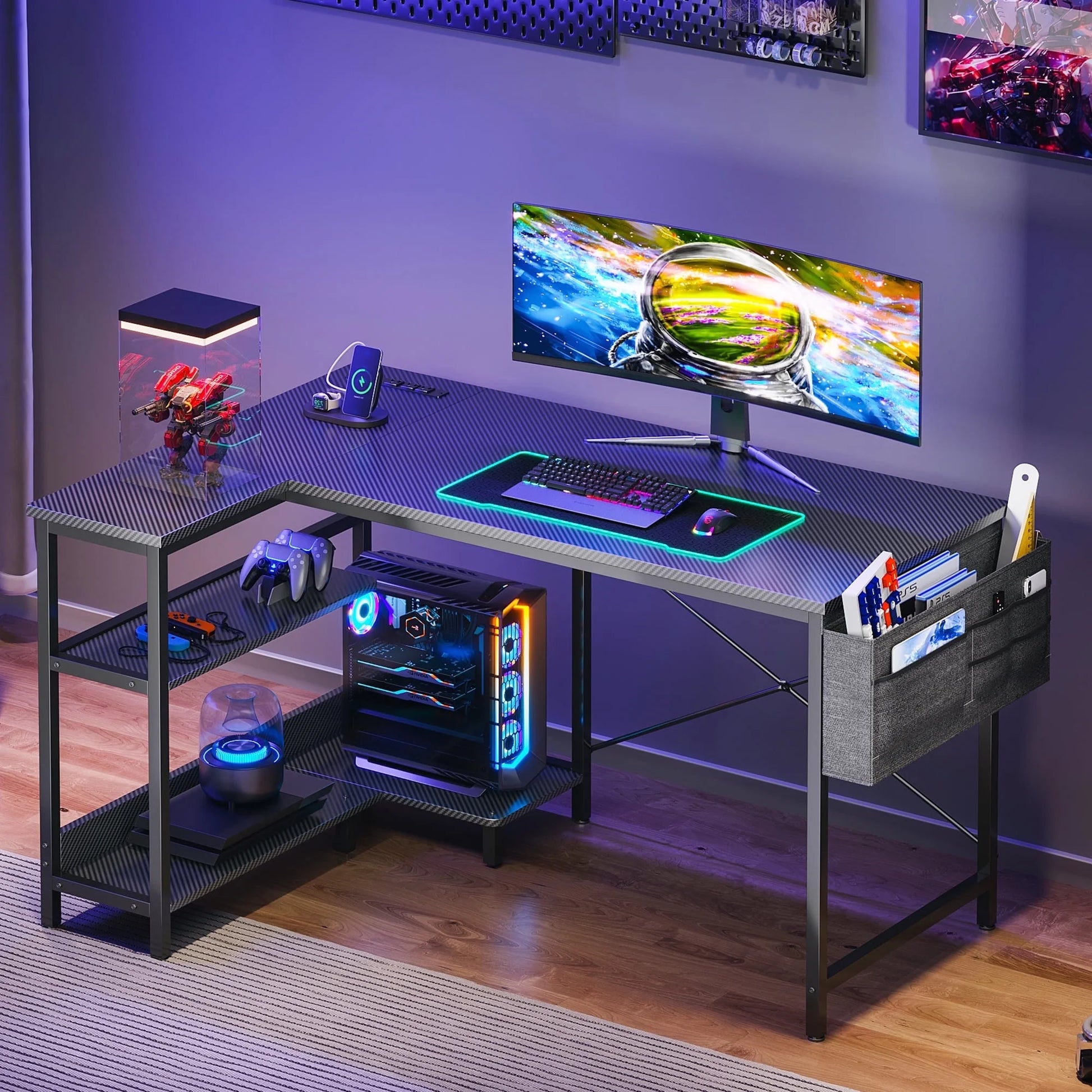 48 Inch Large Office Desk with Storage Shelve, Gaming Table with Power Outletsfor Large Spaces, Black Carbon