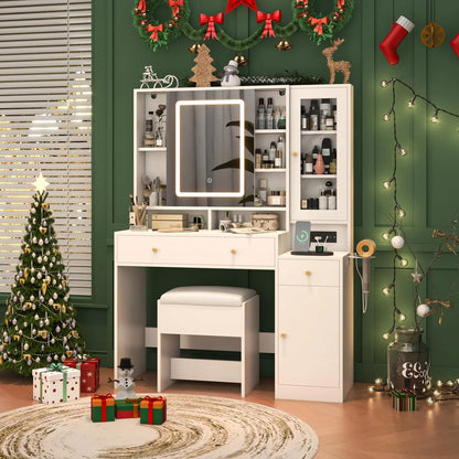White Vanity Desk with Sliding Mirror & Lights, Vanity Table Makeup Desk with Charging Station 2 Drawers 2 Doors, Lots of Storage Shelves, Large Vanity Set with Cushioned Stool
