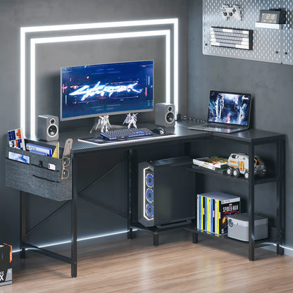 48 Inch Large Office Desk with Storage Shelve, Gaming Table with Power Outletsfor Large Spaces, Black Carbon