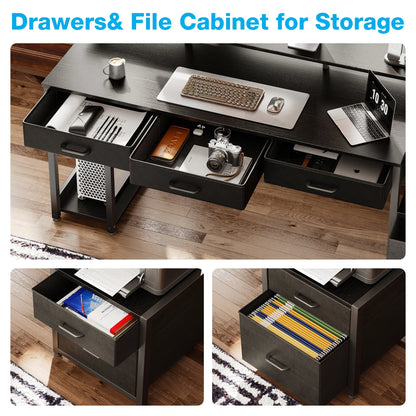 55 Inch Computer Gaming Desk with LED Lights & Power Outlets, Home Office Desk with Storage Shelves & 5 Fabric Drawers, File Cabinet Monitor Stand, Black