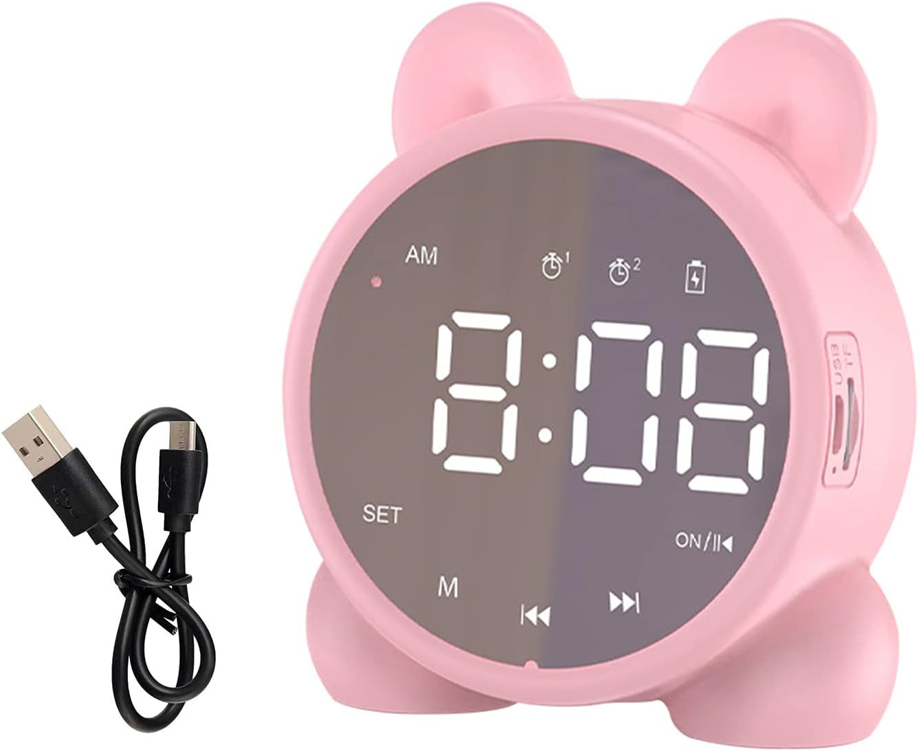 Wireless Charging Digital Alarm Clock, Mirror LED Display Bluetooth Speaker FM Clock Radio with USB Port, Portable Dual Alarm for Home Office Bedroom (Pink)
