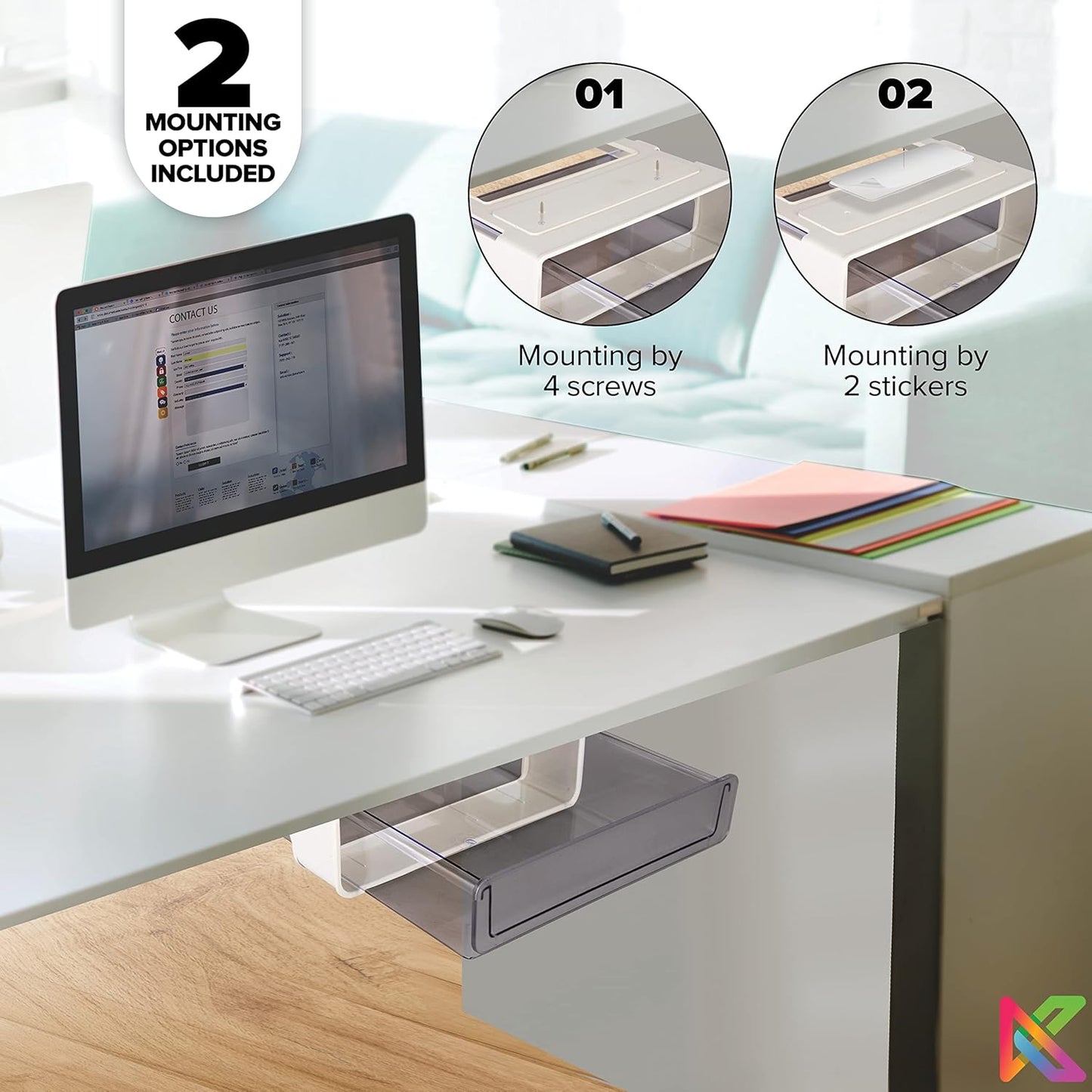X-Large under Cabinet Drawers Slide Out W/ 2 Cable Clips - Screw on Drawer for Desk, Stick on under Desk Drawers under Shelf Drawer under Desk Storage Drawers Attachment under Table Drawer