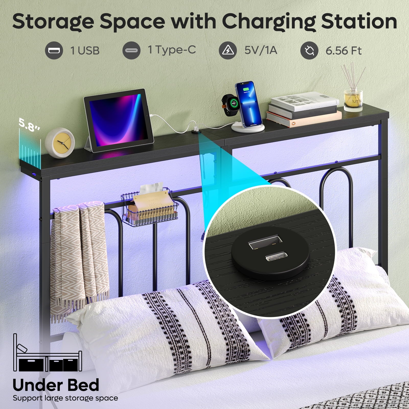 Queen Size Bed Frame with 49.2" High LED Storage Headboard Shelf, Metal Platform Bed with Charging Station, Black