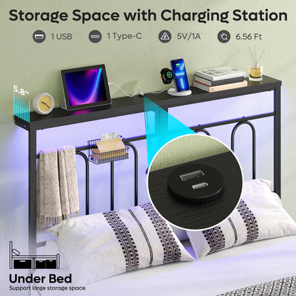 Queen Size Bed Frame with 49.2" High LED Storage Headboard Shelf, Metal Platform Bed with Charging Station, Black