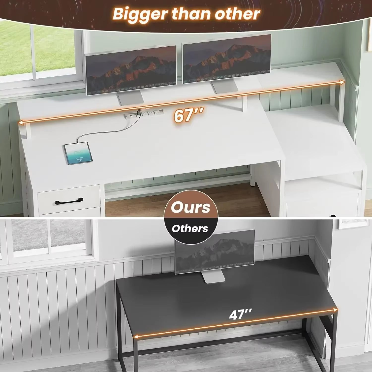 White Computer Desk with 5 Drawer & Power Outlet, 66'' Home Office Desk with File Drawer, Storage Shelves, Gaming Desk