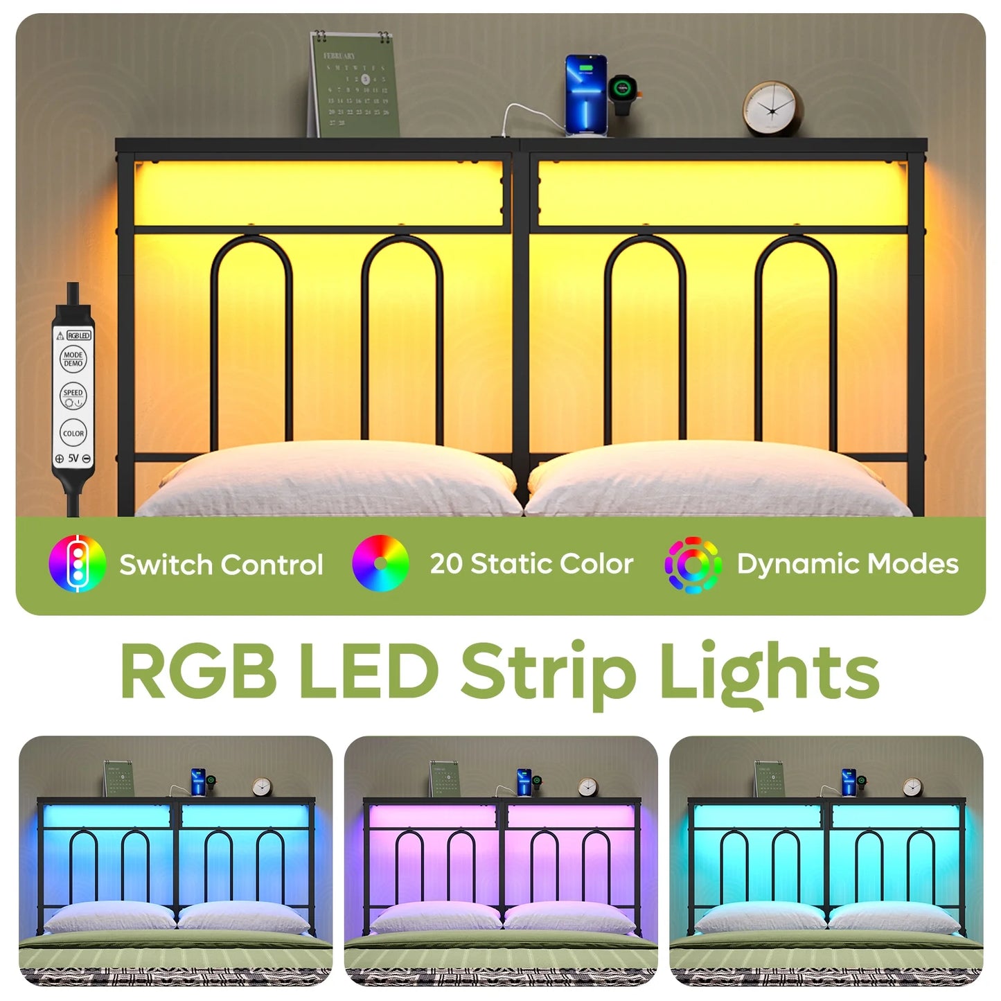 Queen Size Bed Frame with 49.2" High LED Storage Headboard Shelf, Metal Platform Bed with Charging Station, Black