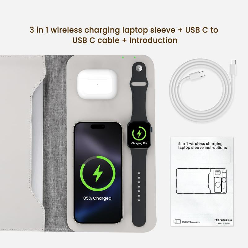Laptop Sleeve with Wireless Charging 12-14", 3 in 1 Multifunctional Fast Charger for Electronic Iphone, Iwatch, Airpods, Office/Travel/Coffee Shop/On-The-Go Tech Organizer Gear Essential Waterproof Accessory