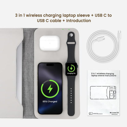 Laptop Sleeve with Wireless Charging 12-14", 3 in 1 Multifunctional Fast Charger for Electronic Iphone, Iwatch, Airpods, Office/Travel/Coffee Shop/On-The-Go Tech Organizer Gear Essential Waterproof Accessory