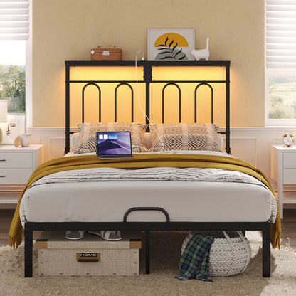Full Size Bed Frame with 49.2" High LED Storage Headboard Shelf, Metal Platform Bed with Charging Station, Black