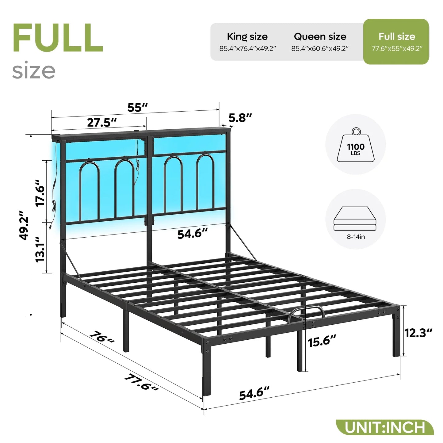 Full Size Bed Frame with 49.2" High LED Storage Headboard Shelf, Metal Platform Bed with Charging Station, Black
