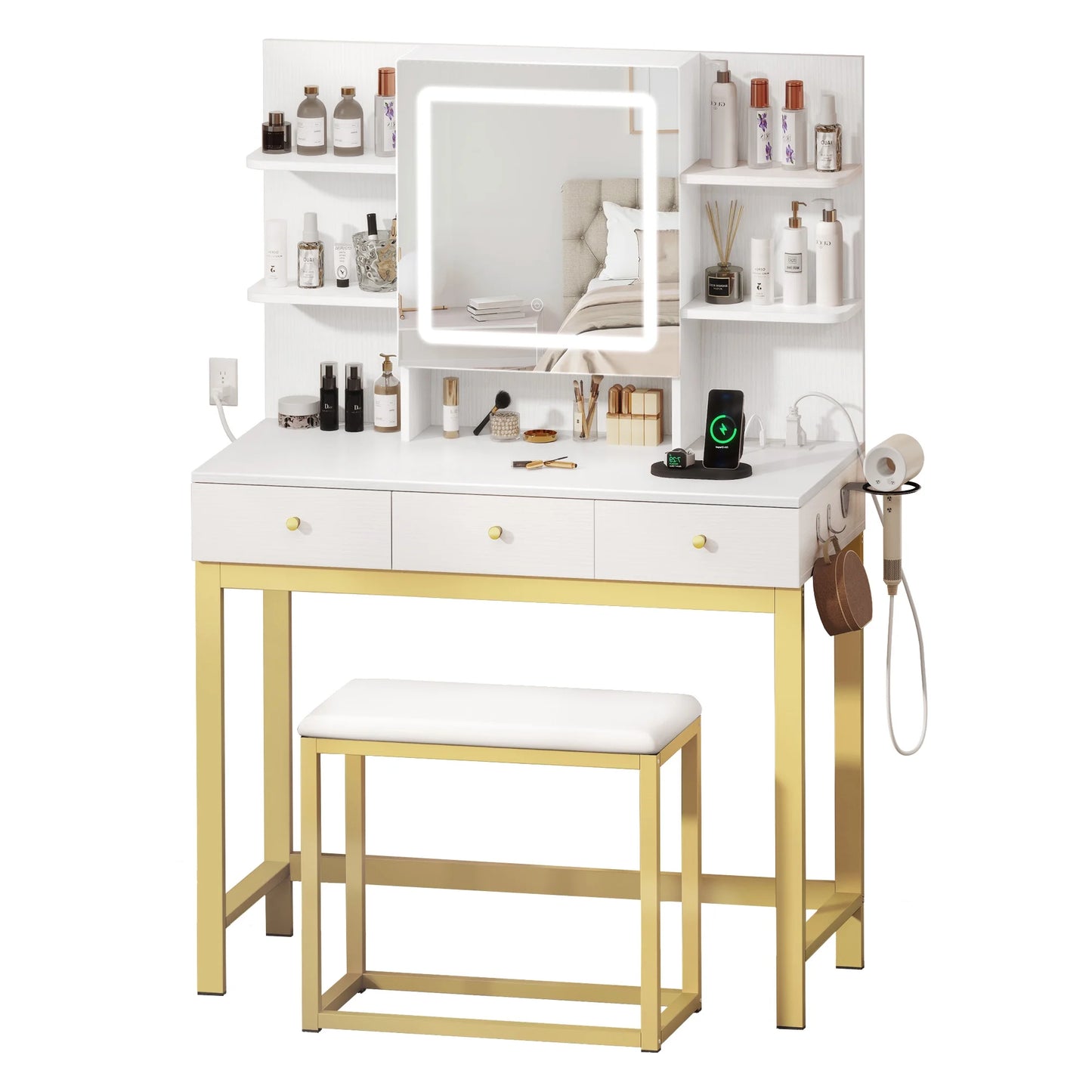 Makeup Vanity Set with LED Lighted Mirror, Makeup Desk with Drawers & Stool, Vanity Table with Hidden Storage Shelves, Makeup Dressing Table Set for Girls,Princess, White