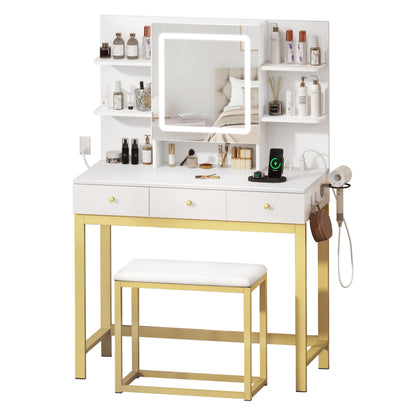 Makeup Vanity Set with LED Lighted Mirror, Makeup Desk with Drawers & Stool, Vanity Table with Hidden Storage Shelves, Makeup Dressing Table Set for Girls,Princess, White