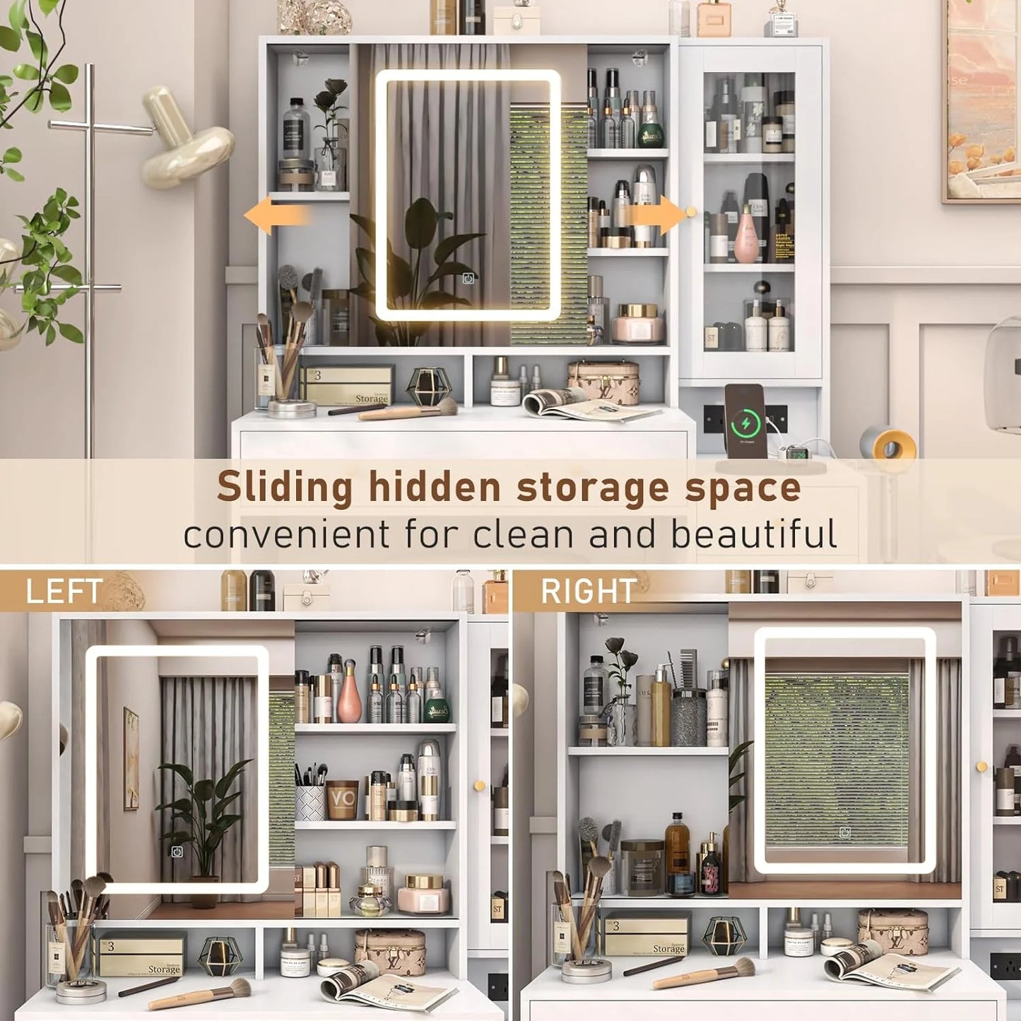 White Vanity Desk with Sliding Mirror & Lights, Vanity Table Makeup Desk with Charging Station 2 Drawers 2 Doors, Lots of Storage Shelves, Large Vanity Set with Cushioned Stool