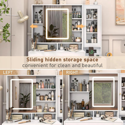 White Vanity Desk with Sliding Mirror & Lights, Vanity Table Makeup Desk with Charging Station 2 Drawers 2 Doors, Lots of Storage Shelves, Large Vanity Set with Cushioned Stool