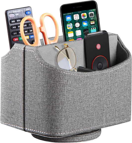 Leather 360°Rotatable Remote Control Holder,Nightstand TV Remote Caddy,Office Supplies Desktop Organizer,Spinning Storage Box for Pen,Mail,Phone,Dvd, Blu-Ray, Media Player, Heater Controllers