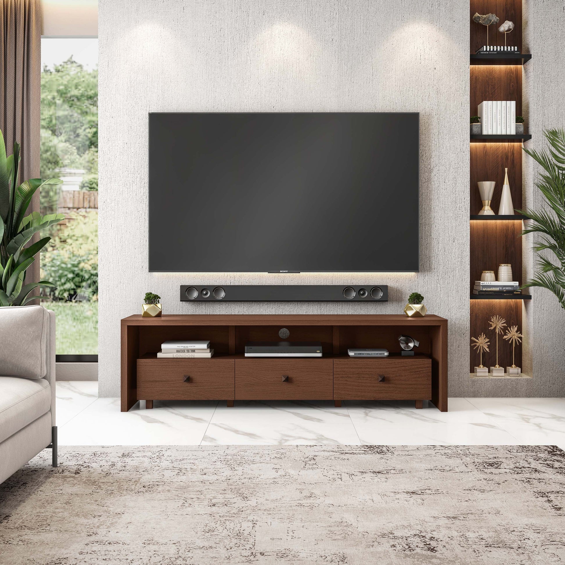 Elegant Modern TV Stand for Tvs up to 75" with Storage, Wood-Like Finish, Hickory Brown RTA-8895-HRY