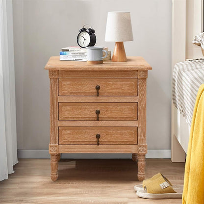 Oak Nightstand with 3 Drawers, Wood Bedside Table Cabinet, Bedroom Furniture with Solid Wood Legs, Large Storage Space, Accent End Table for Home Office (1PC Oak)