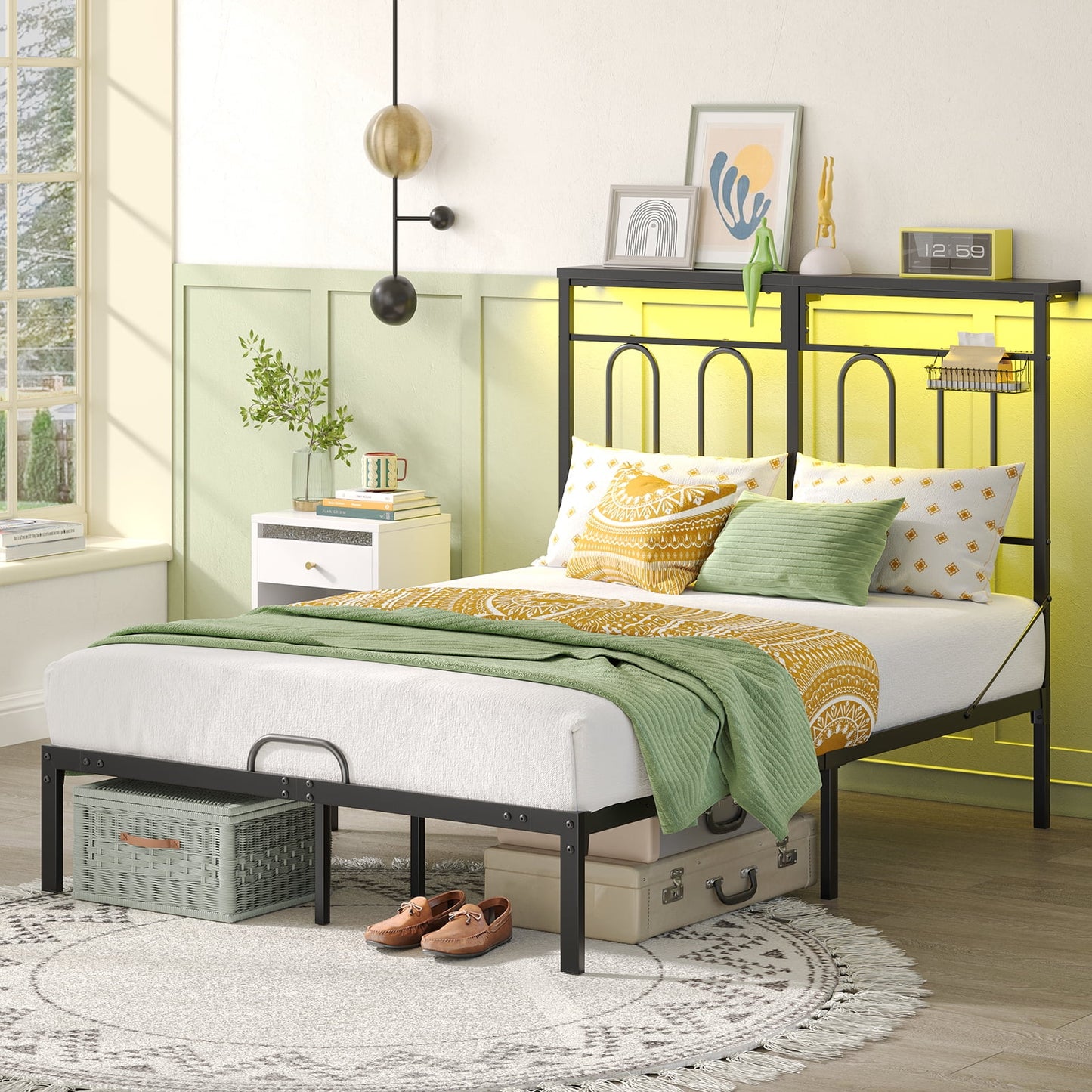 Full Size Bed Frame with 49.2" High LED Storage Headboard Shelf, Metal Platform Bed with Charging Station, Black