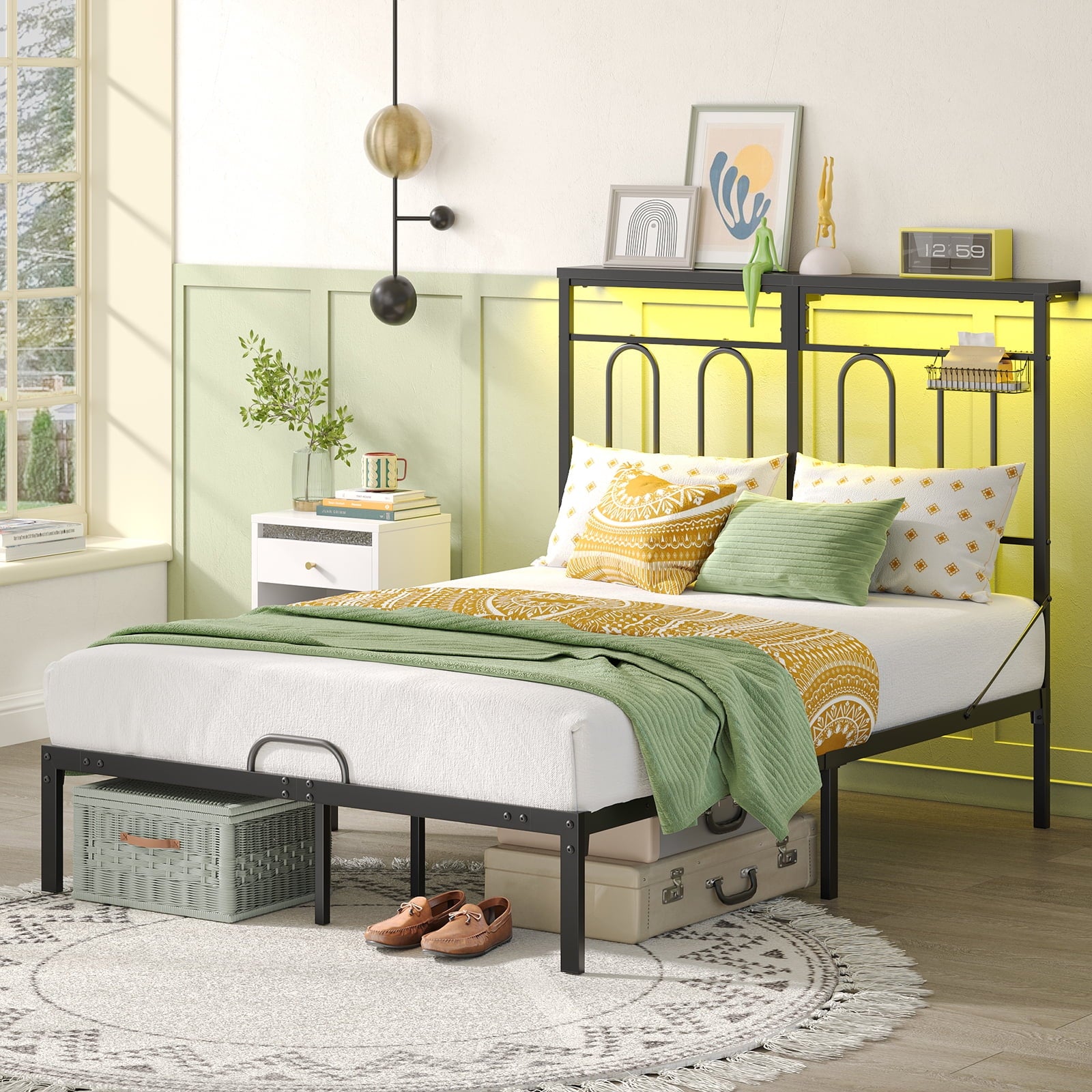 Full Size Bed Frame with 49.2" High LED Storage Headboard Shelf, Metal Platform Bed with Charging Station, Black