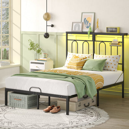 Full Size Bed Frame with 49.2" High LED Storage Headboard Shelf, Metal Platform Bed with Charging Station, Black