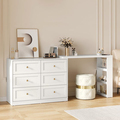 6 Drawer Dresser and Vanity, Extendable Corner Vanity Desk and Dresser Combo with 3 Side Shelves, Wood Dressing Table for Bedroom, Dressing Room, White